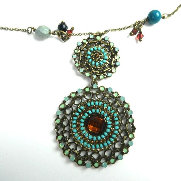 World Market Boho Medallion Pendant Necklace Beaded Festival Western NWT Dangle - Picture 1 of 6